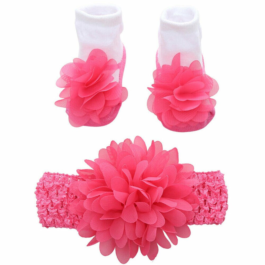 1Set Pasgeboren Sokken + Hoofdband Baby Bows Haarband Zuigeling Kant Zachte Baby Meisje Sokken Katoen Anti Slip Baby sokken meia infantil