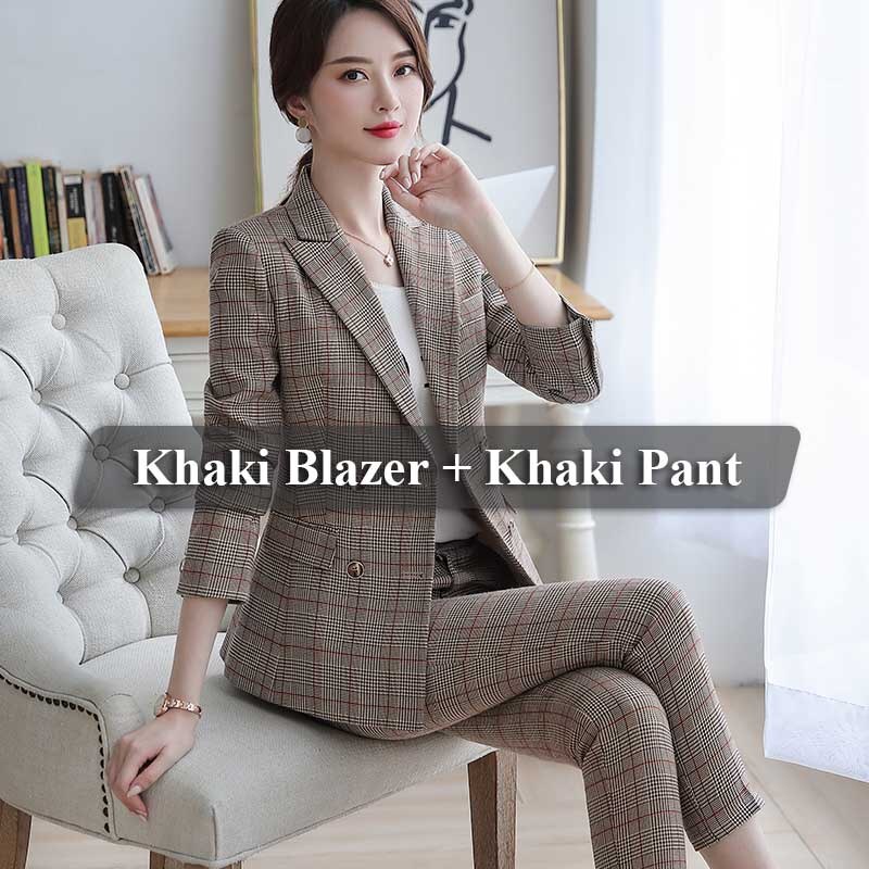 Lenshin 2 pièces ensemble Plaid formel pantalon costume Blazer bureau dame conçoit des femmes veste souple et cheville longueur pantalon: 2 Pieces Khaki Suit / XL