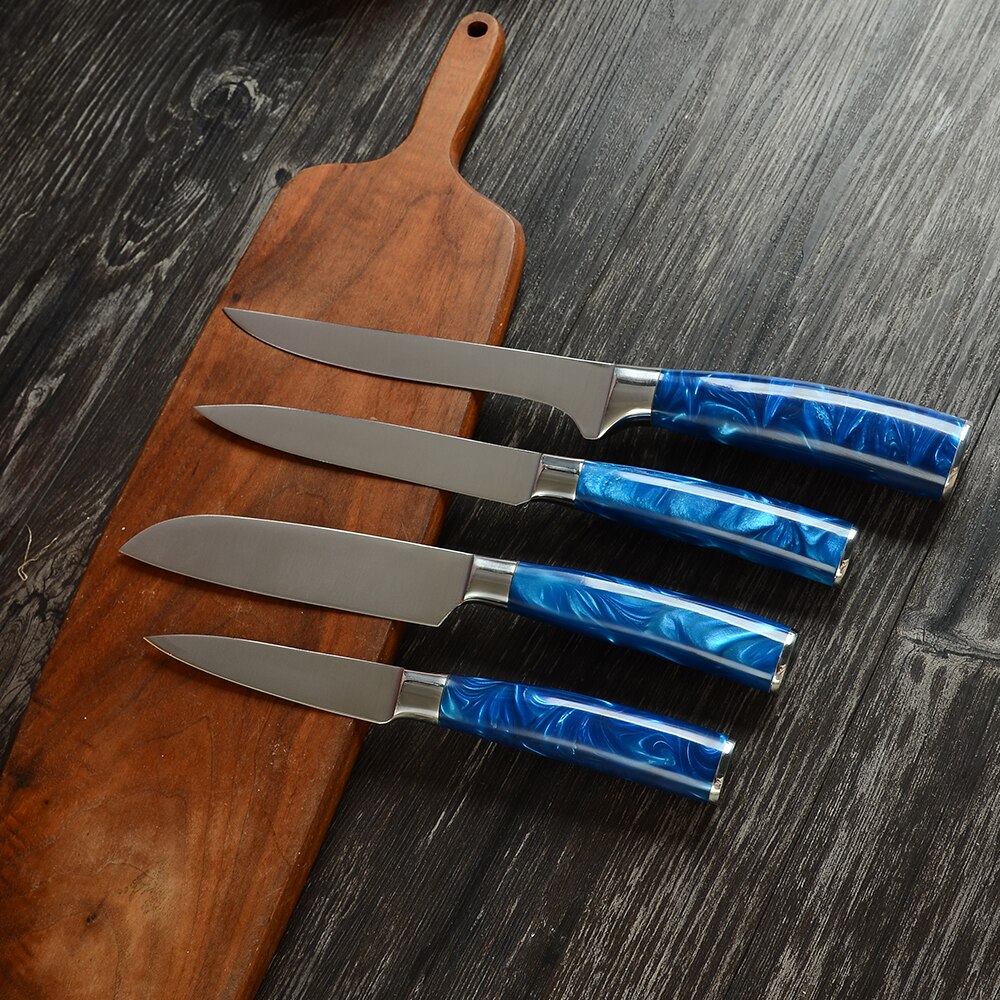 Pro Kitchen Knife Set Unique Blue Resin Handle Stainless Steel Chef Knife Santoku Slicer Paring Knives Traditional Cooking Tools