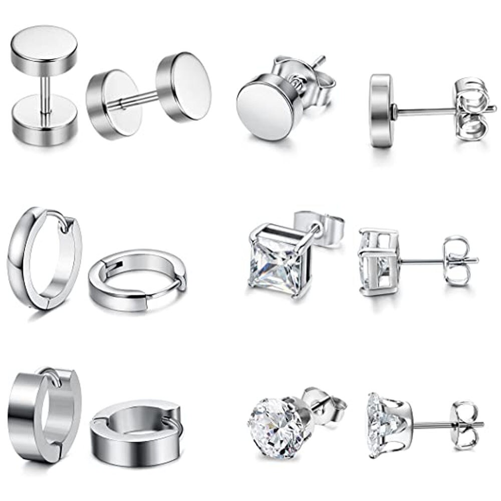 6 Pairs Stainless Steel CZ Stud Earrings for Women Mens Huggie Hoop Earrings Ear Piercing Silver