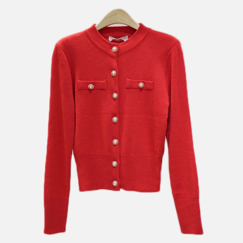 Cárdigan corto de punto para mujer suéter coreano de manga larga de un solo pecho suéteres femenino otoño primavera Cardigans mujeres: Rojo