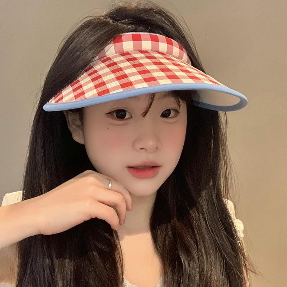 Plaid Print Large Brim Sun Hat Hair Hoop Style Pastoral Style Summer Empty Top Cap Breathable Anti-UV Sun Protection Hats Girl