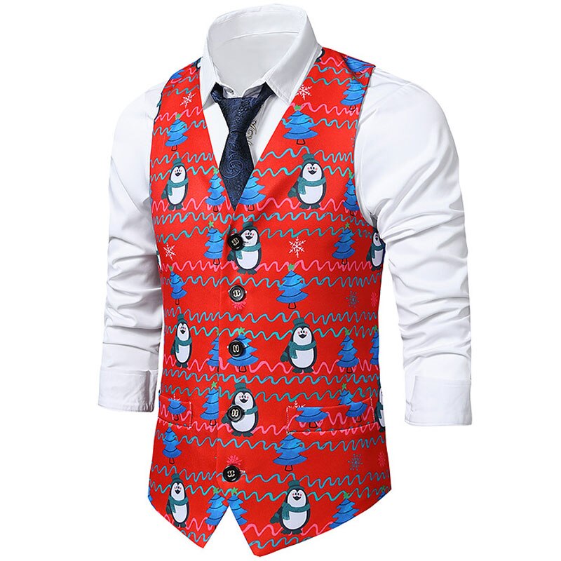 Red Christmas Vest Men Brand 3D Print Mens Xmas Waistcoat Casual Party Cosplay Tuxedo Gilet Homme Chaleco Hombre