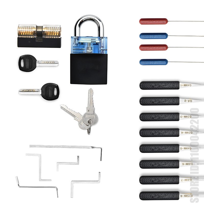 3 In 1 Set Locksmith Tools Practice Transparent Lock Kit With Broken Key Extractor Wrench Tool Removing Hooks Hardware: LT29-Blue Set