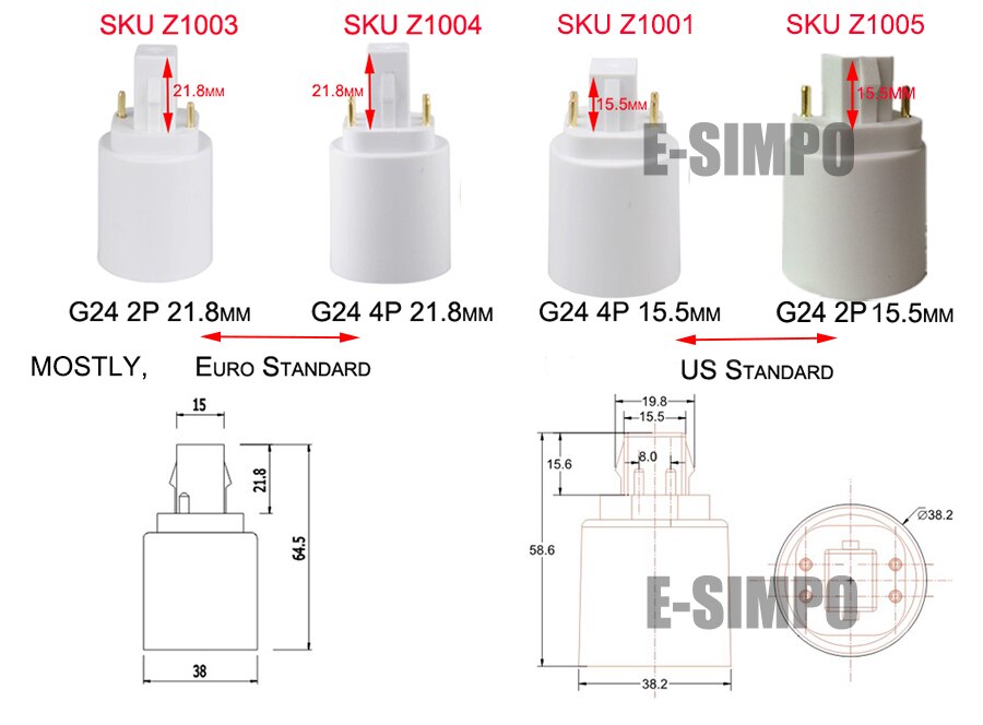 8 stuks 2- pins cfl  g24 to e27 lampvoetadapter  g24d naar  e26 adapter 2p 21.8mm g24 to e26/e27 lampvoetconverter ce, rohs,
