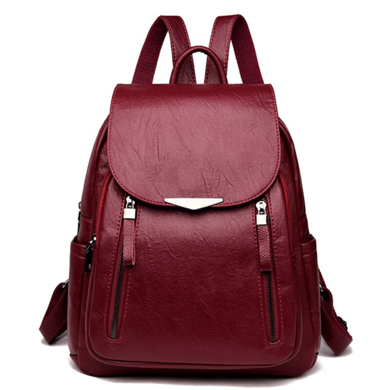 Casual Backpack Female Brand Leather Women's Backpack Large Capacity School Bag For Girls Double Zipper Leisure Shoulder Bags: wine red