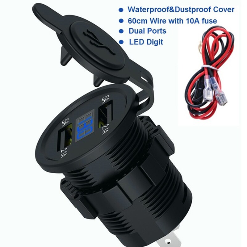 Dual Usb Lader Sigarettenaansteker Stopcontact 4.2A Met Voltmeter & Draad In Lijn 10A Zekering Voor 12-24V Auto Boot Motorfiets