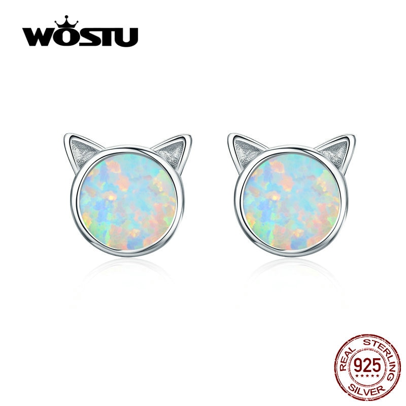 WOSTU Lovely Cat Stud Earrings 925 Sterling Silver Opal Earrings For Women Wedding Engagement Jewelry CQE538-q