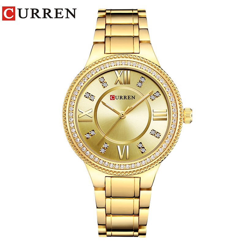 CURREN Luxe vrouwen Casual Horloges Waterdicht Horloge Vrouwen Mode Jurk Rhinestone Rvs Dames Klok: gold