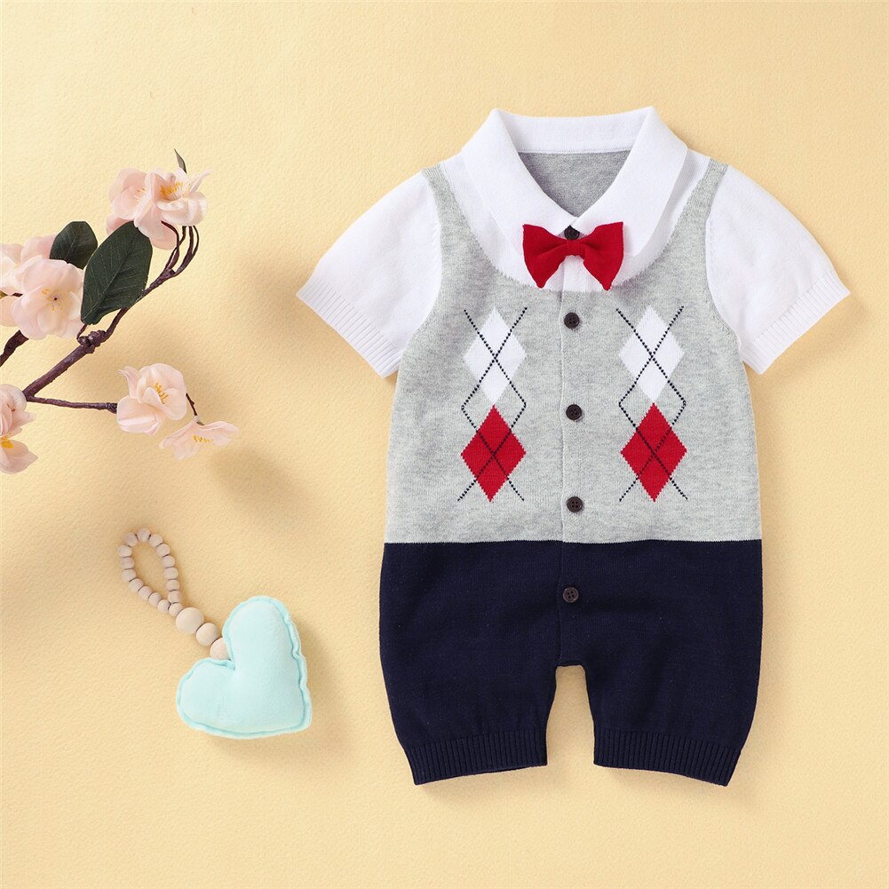 Infant Baby Boys Bow Tie Retro Romper Cotton Short Sleeve Button-Down Folded Patchwork Knitted Patchwork British Style Jumpsuit
