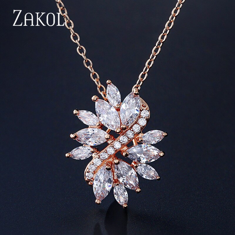 ZAKOL Delicate Cubic Zircon Crystal With White Color Handmade Fashionable Flower Necklaces Pendants For Women Wedding FSNP009