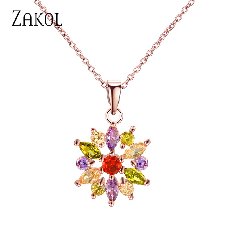 Zakol Mode Rose Goud Kleur Hangers Bloem Cluster Clear Crystal Zirconia Zoete Kettingen Voor Vrouwen Sieraden FSNP2105