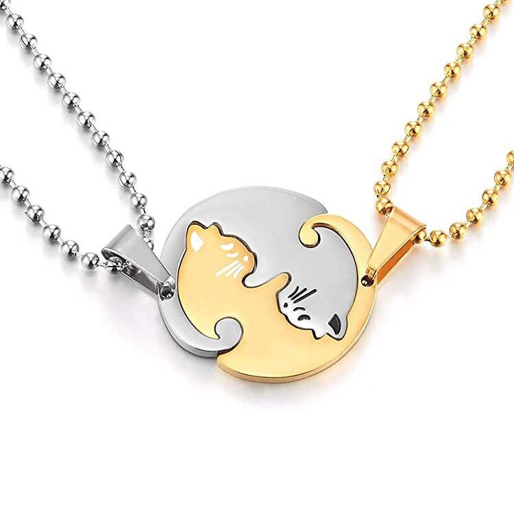 Paar Herz Halskette - Edelstahl - Tier Kat Anhänger - Trendy Schmuck Damen