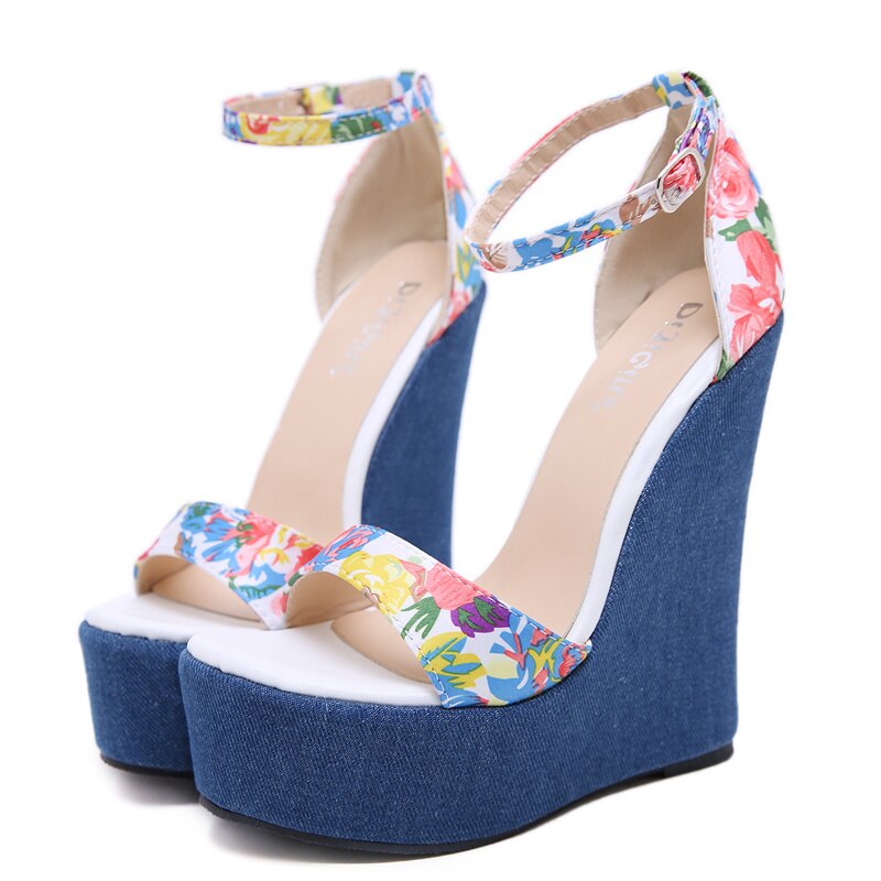 Womens Super High Wedge Platform Denim Jeans Heels Floral Printed Ankle Strap Sandals Shoes 16cm Pumps Roman Peep Toe B70