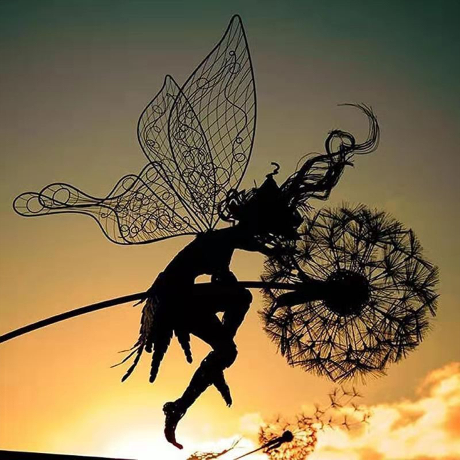 Tanzende Feenstatue, Stahldrähte, Feen-Elf, Löwenzahn, Miniatur-Skulptur, mythische Gartenfigur, Feen, Pixies, Hofdekoration: Lavendel