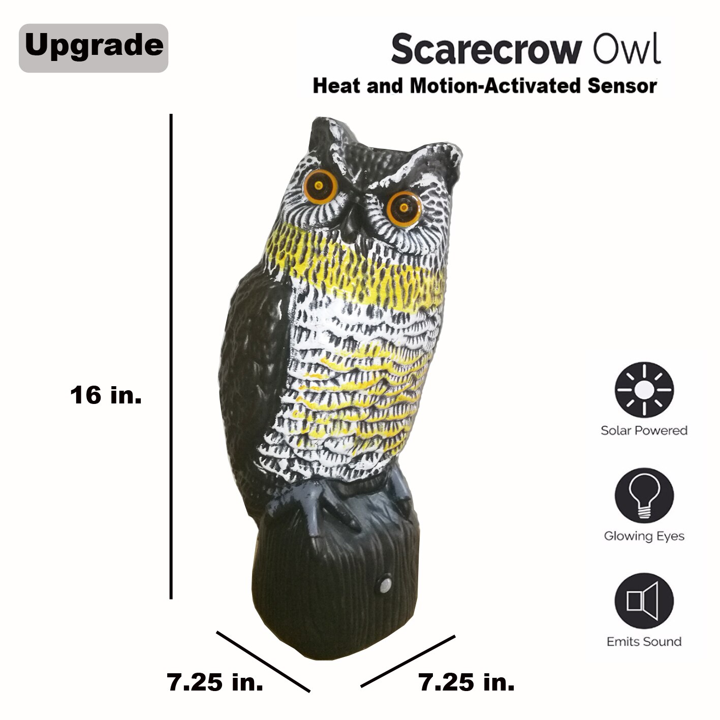 Solar Powered Animal Repellent Scarecrow Owl- PIR Sensor Motion Activated Scarecrow Diverter with Flash Eyes& Frightening Sound