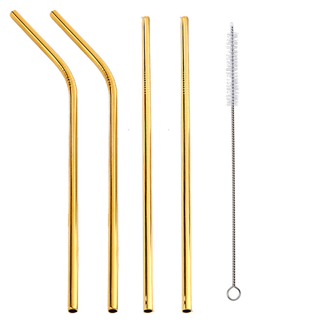 4 Pcs 6mm Straw with Cleaner Brush Short cocktail tubes Long Metal Drinking tubules Drink Straws For Smoothies Tapioca Milk Tea: Long Gold-4pcs