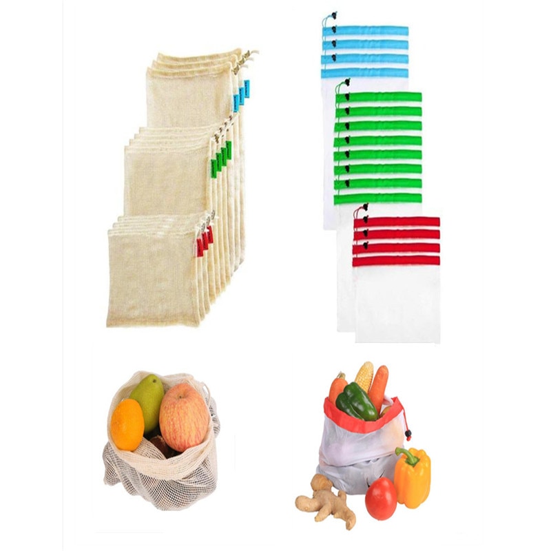 Herbruikbare mesh-productentassen, eco-superieure dubbel gestikte stoffen trekkoord mesh-tas voor het winkelen voor fruit, groenten en reizen