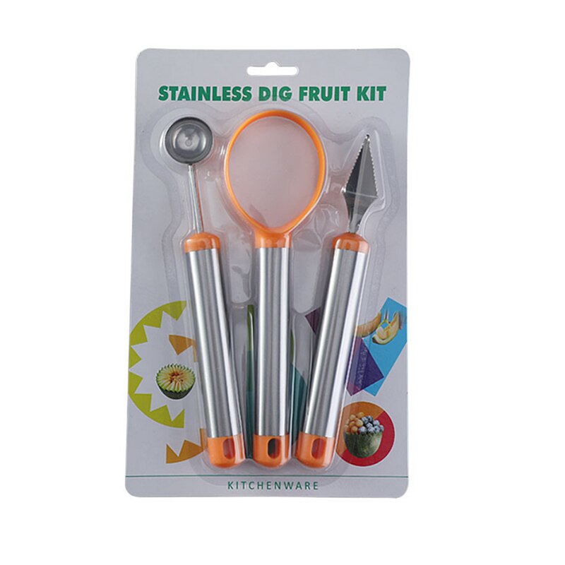 Stainless steel fruit ball digger set watermelon spoon platter tool cut flower artifact set carving knife watermelon cut: 3piece set orange