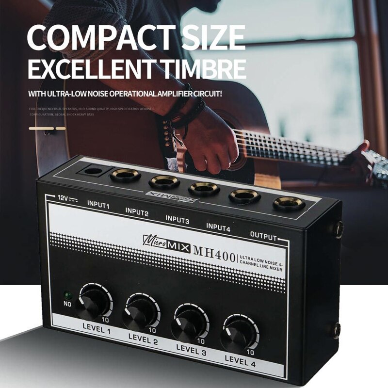 MH400 Ultra Low-Noise 4-Channel Line Mixer Mini Mixer &amp; 1/4-inch TS Inputs Output Volume Control for Guitars Bass