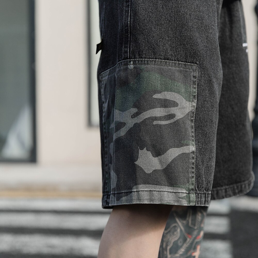 Denim Summer Shorts Men Hip Hop Camo Color Block Patchwork Jeans Harajuku Streetwear Casual Harem Knee Length