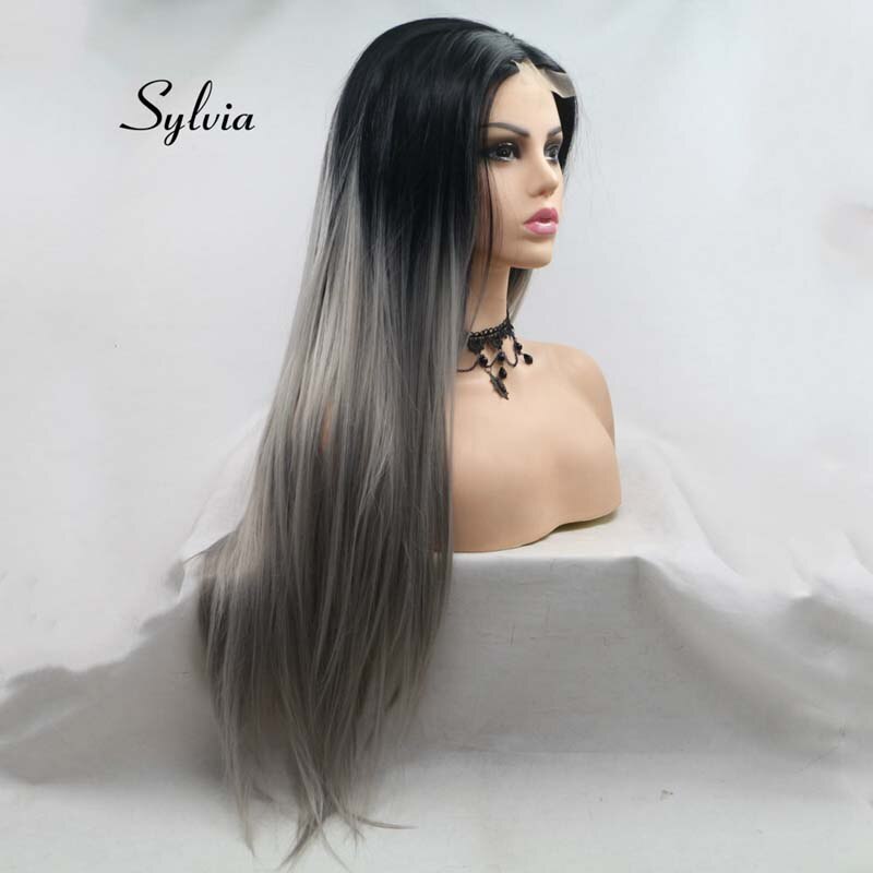 Nicole-Peluca de pelo liso degradado de dos tonos, pelo largo y sedoso de encaje sintético en U, resistente al calor, color negro y gris