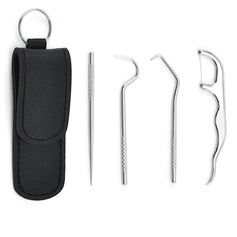 Portable Stainless Steel Toothpick Bag Set Reusable Metal Toothpicks With Holders For Outdoor Picnics And Camping Floss Dental: Black 4pcs