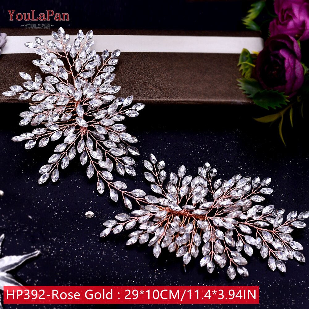 Topqueen-pente de cabelo hp289 dourado, pente de cabelo luxuoso, de noiva, pente de cristal, pentes artesanais, vintage, joias de cabelo: HP392-Rose Gold