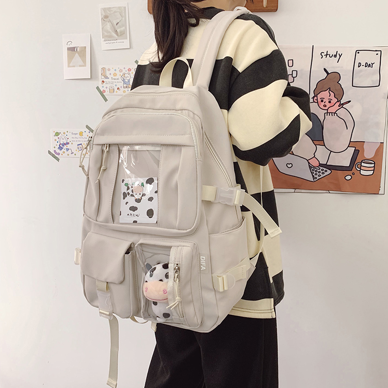 Solid Color Waterproof Nylon Women Backpack Female Multi-pocket Insert Buckle Travel Bag Girls Transparent Pocket Schoolbag