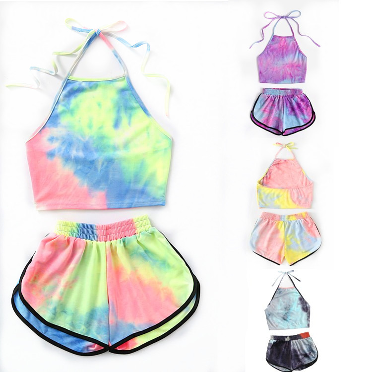 Deux pièces femmes ensembles Sexy à lacets cravate colorant imprimé hauts courts et élastique taille dégradé imprimé court costume ensembles WDC4428