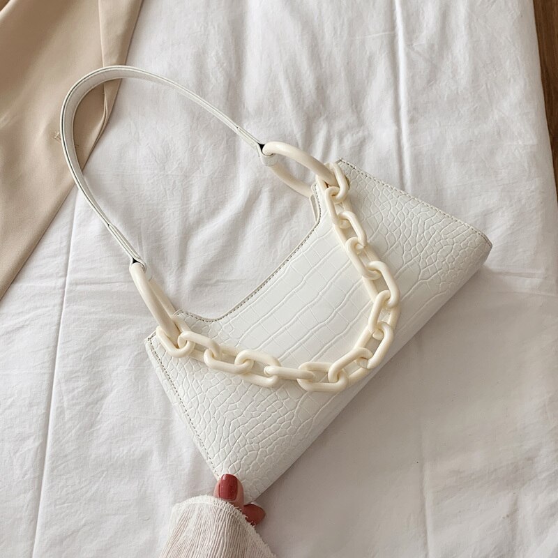 Petits sacs à bandoulière pour femmes en cuir PU, à chaîne épaisse, , sac à main motif Crocodile,: WHITE