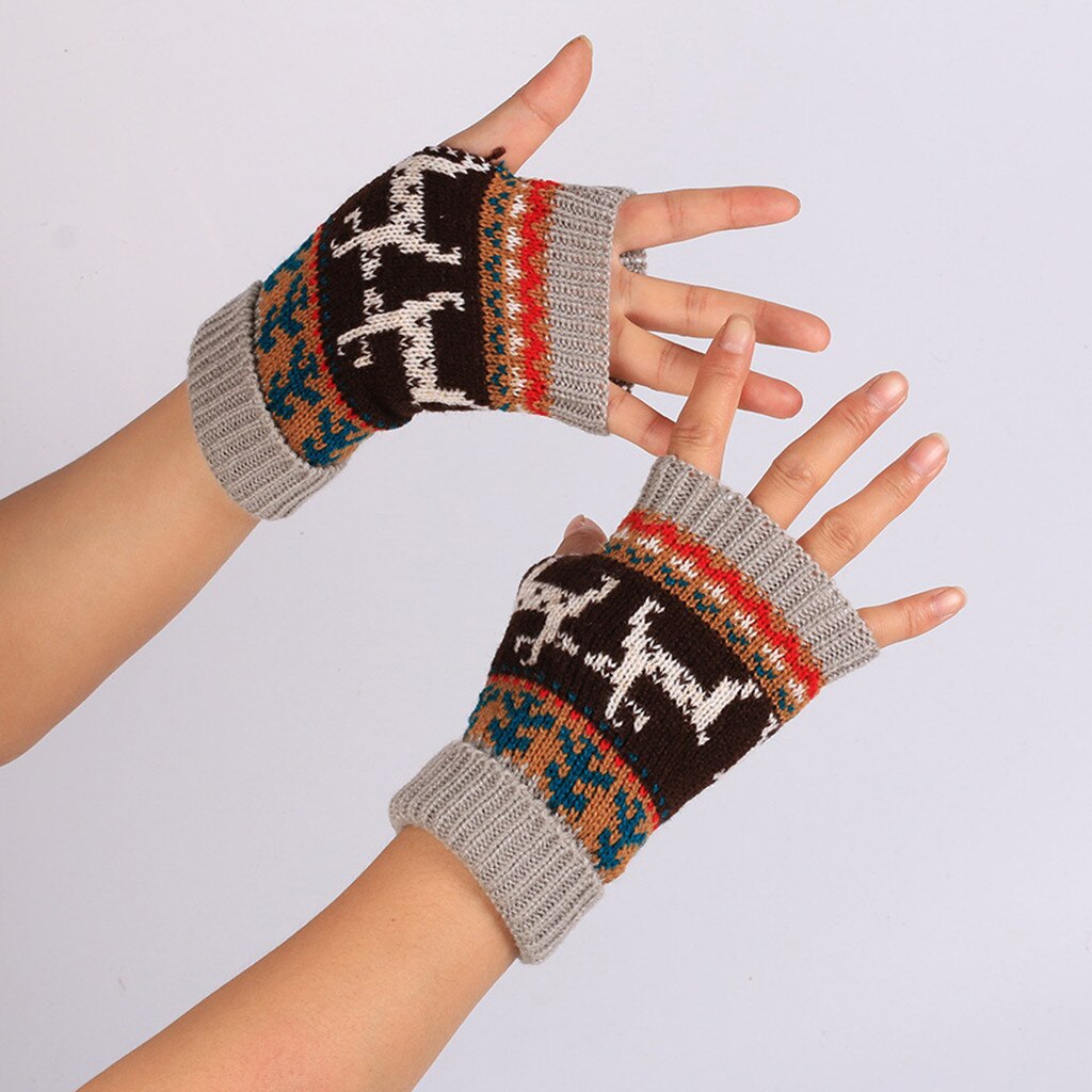 Adult Teens Christmas Winter Gloves Printed Deer Thick Knitted Mittens Fingerless Keep Warm Gloves For Girls Sports Outdoor: Light Gray