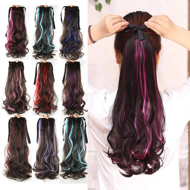 Soowee-coleta de pelo de fibra de alta temperatura, 8 colores, coleta de pelo sintético, Coleta, extensión de cabello con Clip en Rosa y Rojo