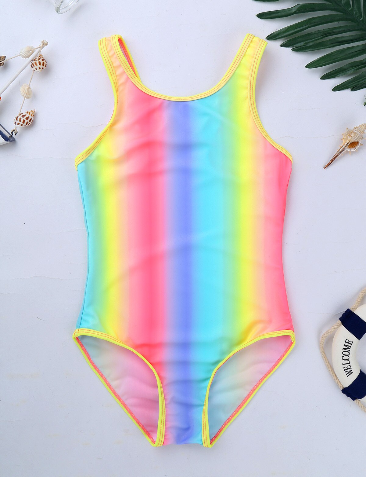 8-16 Years Teenager Girl Swimsuit Kids One Piece Rainbow Color Children Swimwear Bandage Toddler Girls Bathing Suit Beach Wear