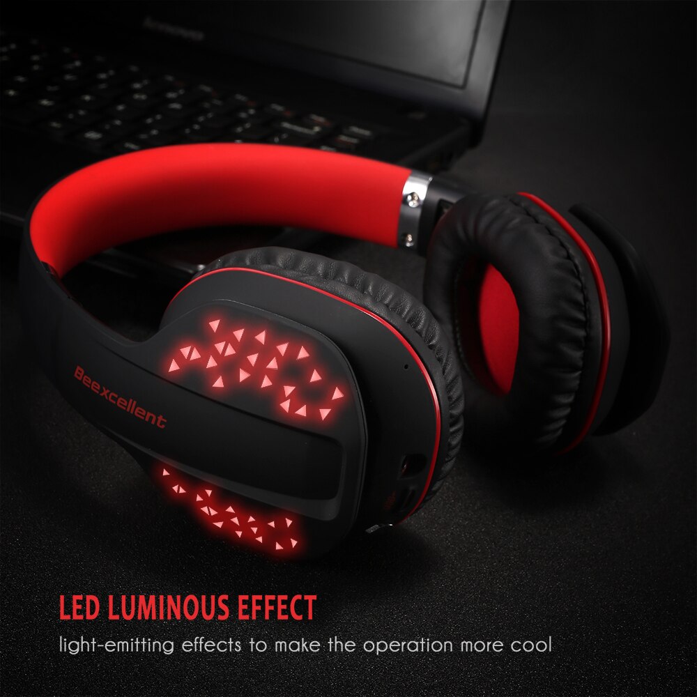 Beexcellent  q2 bluetooth gaming hovedtelefoner med led lys foldbart trådløst stereo headset håndfri mikrofon til telefon pc laptop