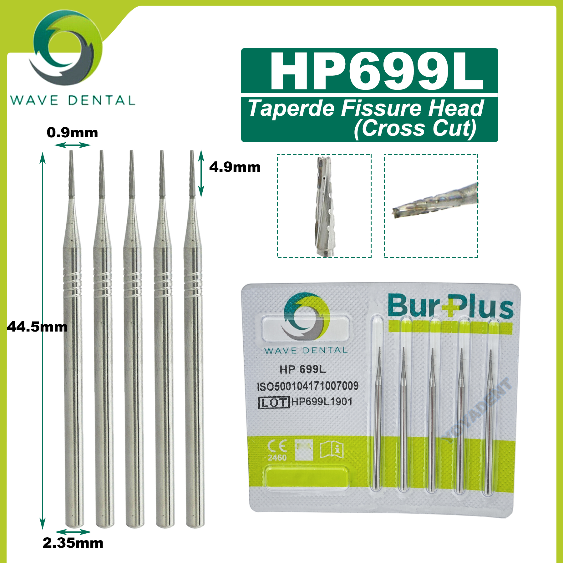 Fraises dentaires en carbure de tungstène WAVE, forets de dentisterie, fraise dentaire HP Dia 2.35mm pour cône à nez droit, pièce à main à basse vitesse 5 pièces/paquet