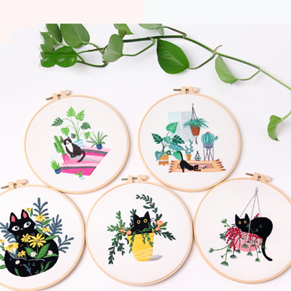 Kit de broderie motif chat noir fleur, outils de couture imprimés, Kit de couture artisanale pour débutant, broderie ronde, point de croix