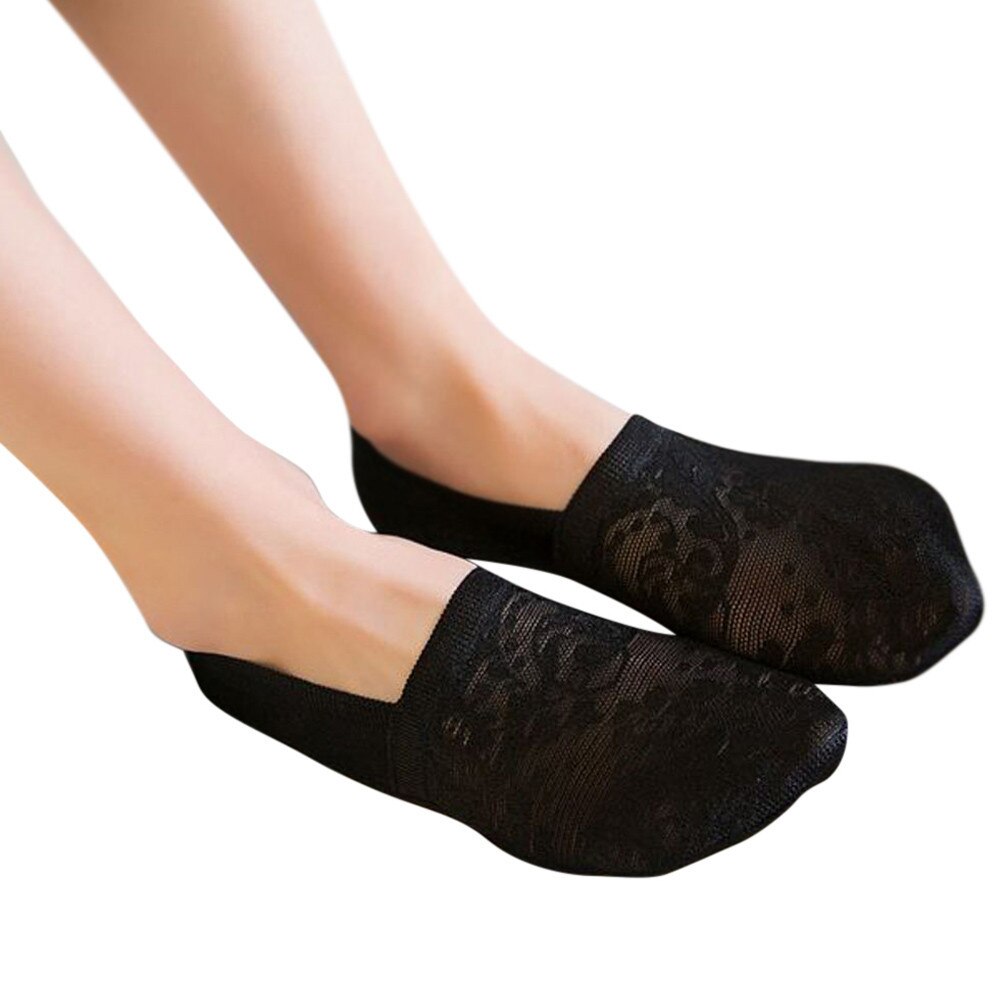 Womens Cotton Lace Antiskid Invisible Liner Socks Elastic Comfy Female Summer Spring Ankle Boat Low Cut Short Socks: Black