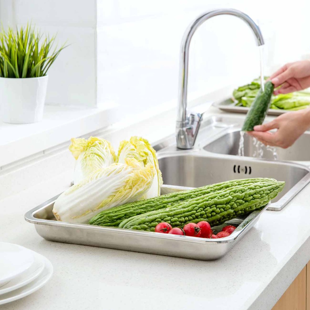 OTHERHOUSE Stainless Steel Serving Plate Dumpling Dish Rectangle Vegetable Fruit Tray Baking Cooking Restaurant Plates Tableware