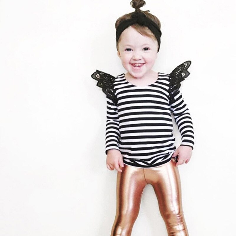 Kinderen T-shirt Strip Sweatshirts Lange Mouwen Katoen Peuter Baby Kids Ronde Kraag Lace Blouse Tops Voor Meisjes