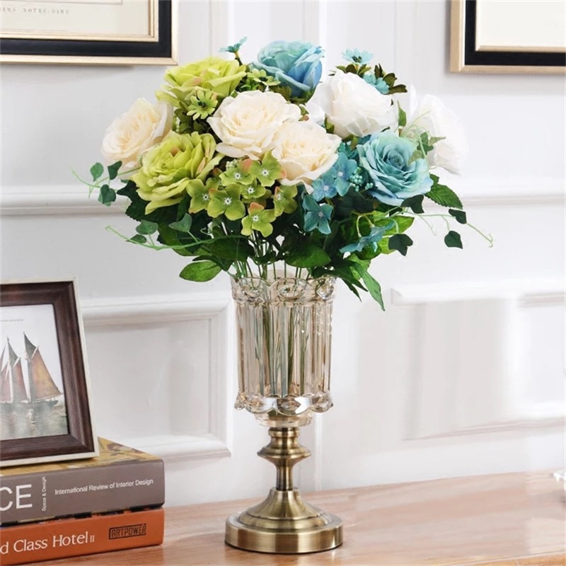 Europæisk retro glasvase metallegering guldvase moderne bord kunstig blomsterflaske boligindretning stue dekoration