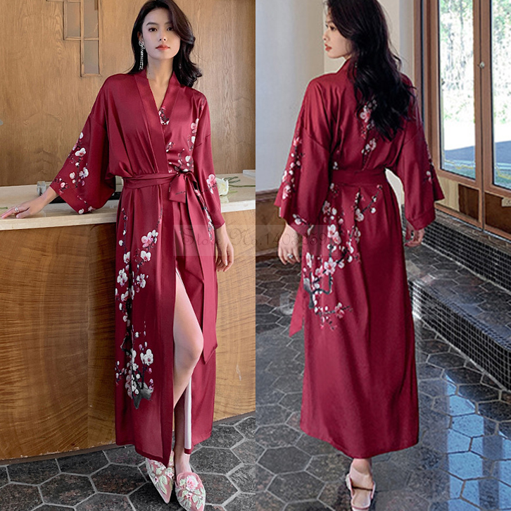 Albornoz tipo kimono largo con estampado de flores para mujer, bata de boda Sexy de media manga, camisón de rayón para primavera y verano, vestido para casa, ropa de dormir: Oro