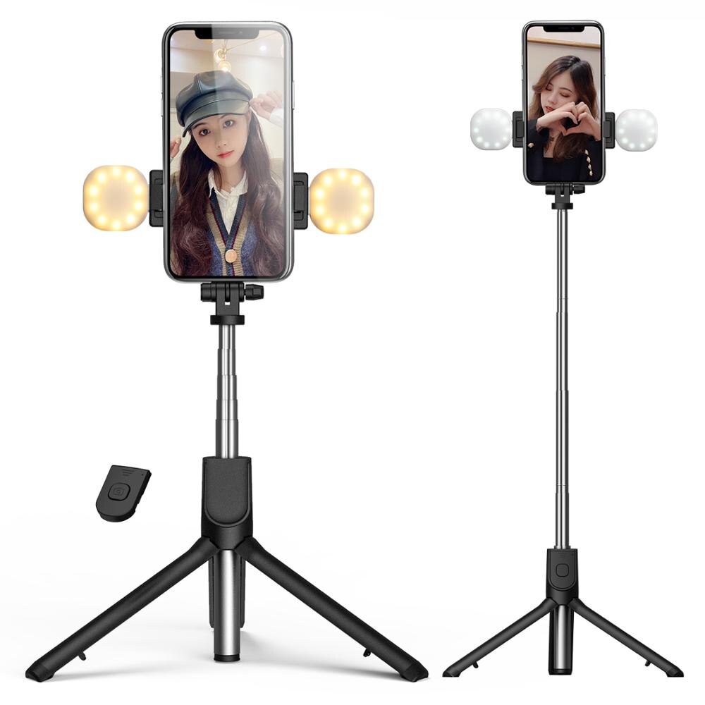 4 in 1 selfie ring light wireless Bluetooth selfie stick mini tripod Handheld Extendable selfie stick With Remote: black Dual light