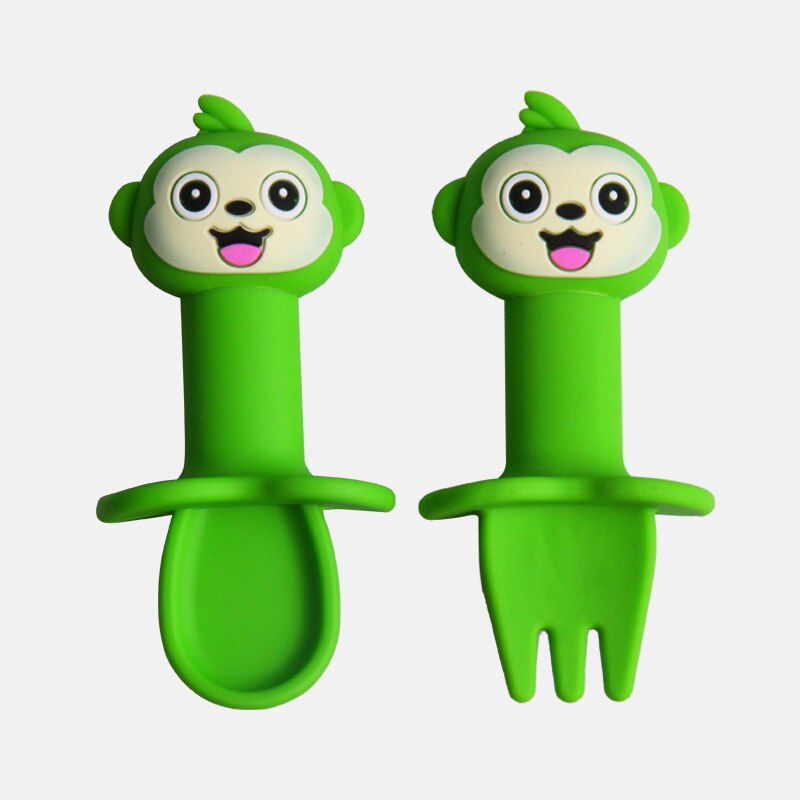 Multifunctionele Food Grade Siliconen Kinderen Voeden Lepel Servies Set Cartoon Baby Eten Voedingssupplement Lepel Vork: green 2