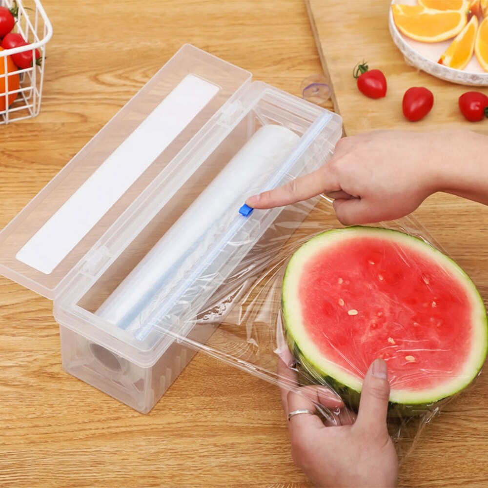 Plastic Voedsel Wrap Dispenser Met Glijbaan Cutter Verstelbare Vershoudfolie Snijder Behoud Folie Opbergdoos Met Zuignap Bodem