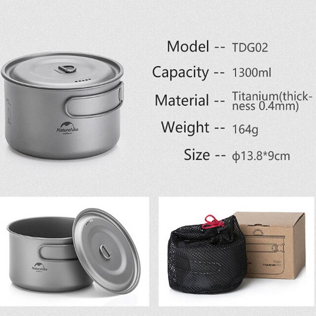 Naturehike udendørs køkkengrej titanium gryde pande ultralet camping 83-116g pande 0.8-1.3l gryder rejse picnic service udstyr: 1300ml- titanium gryder