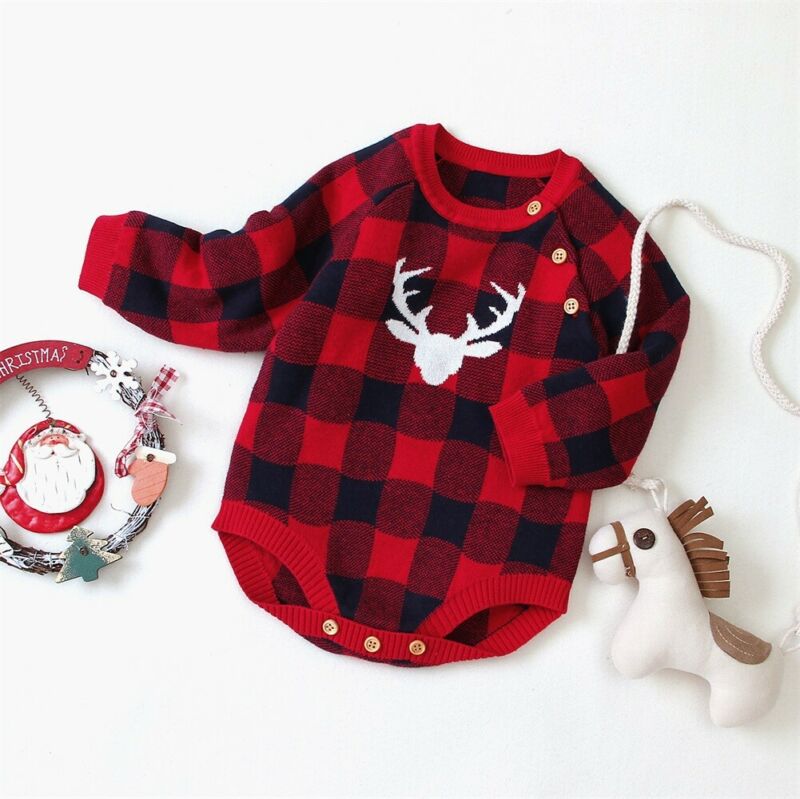 Navidad recién nacido bebé niña Bodi tejido Xmas Deer manga larga botón O cuello Plaid mono básico