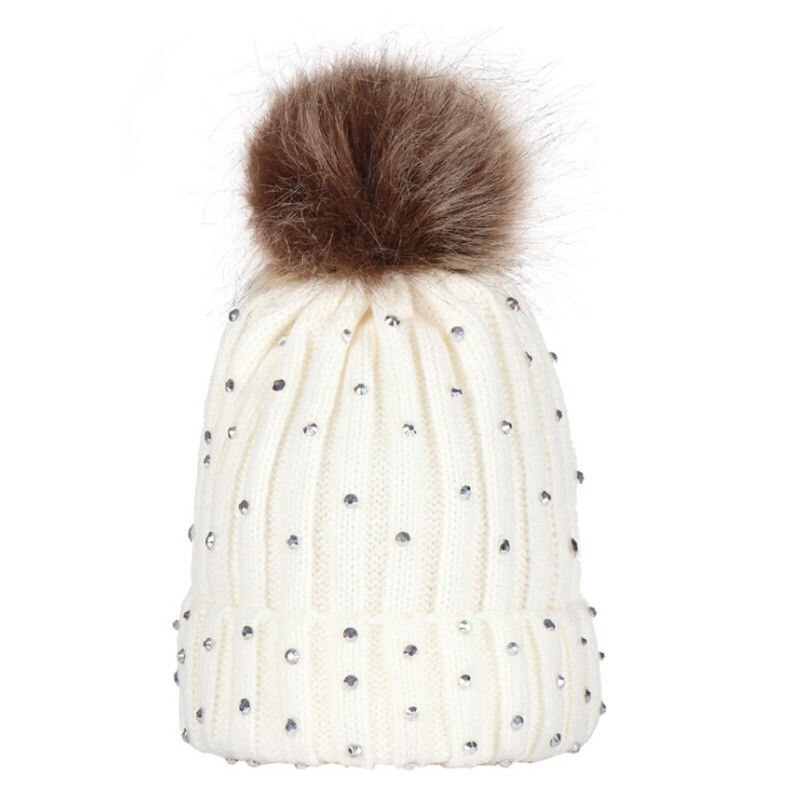 Style Girl Crystal Winter Warm Knit Beanie Hat Kid Cap Knitting Wool Patchwork With Ball