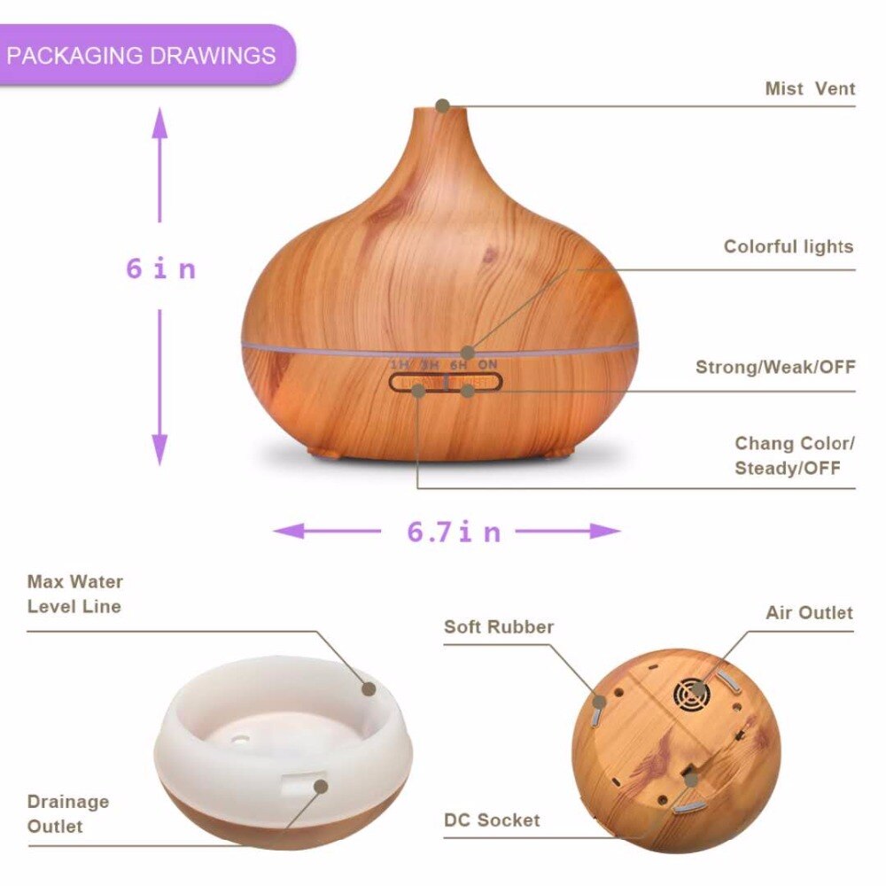 550ML Aroma Diffusor Ultraschall-luftbefeuchter Holzmaserung 7 Farbe Nacht Licht Fernbedienung Elektrische Ätherisches Öl Aromatherapie Diffusor