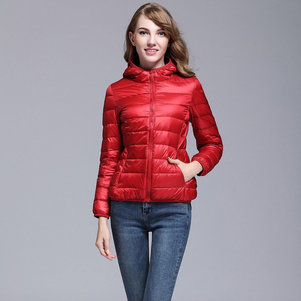 Winter Coat Women Ultra Light Down Jacket White Duck Down Hooded Jackets Parka Casual Female Long Sleeve Solid Outwear Coat: Red / M